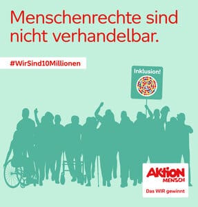 Grafik zum Protesttag zur Gleichstellung von Menschen mit Behinderung. Menschen bei einer Demo mit Inklusions-Plakat und der Überschrift Menschenrechte sind nicht verhandelbar sowie dem Hashtag #WirSind10Millionen